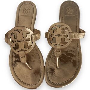 Tory Burch Miller Sandal Rose Gold Leather Thong Flip Flop Logo Flats Size 7.5